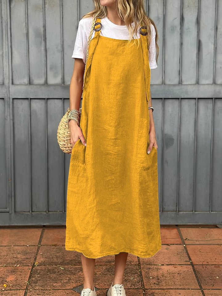 Damen Lässiges Leinenkleid mit praktischen Trägerdetails und großen Taschen Drune