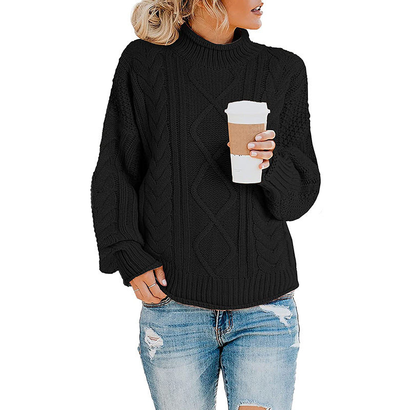Damen Strickpullover mit hohem Kragen und dekorativem Zopfmuster Drune
