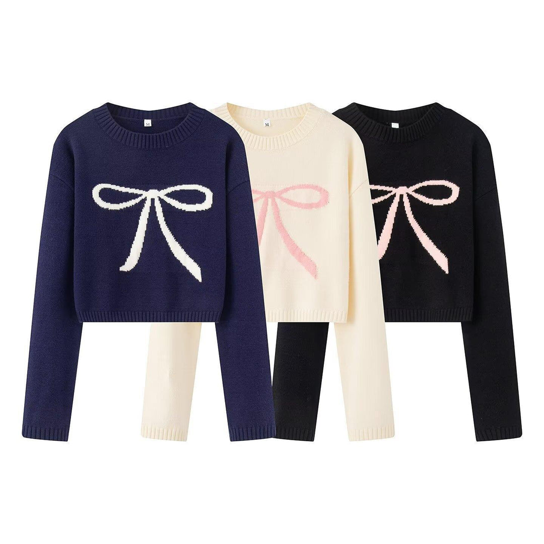 Damen cropped Strickpullover mit dekorativem Schleifendesign Drune