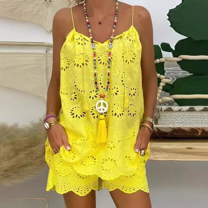 Damen luftiges Sommeroberteil mit Spitze und passenden Shorts Drune