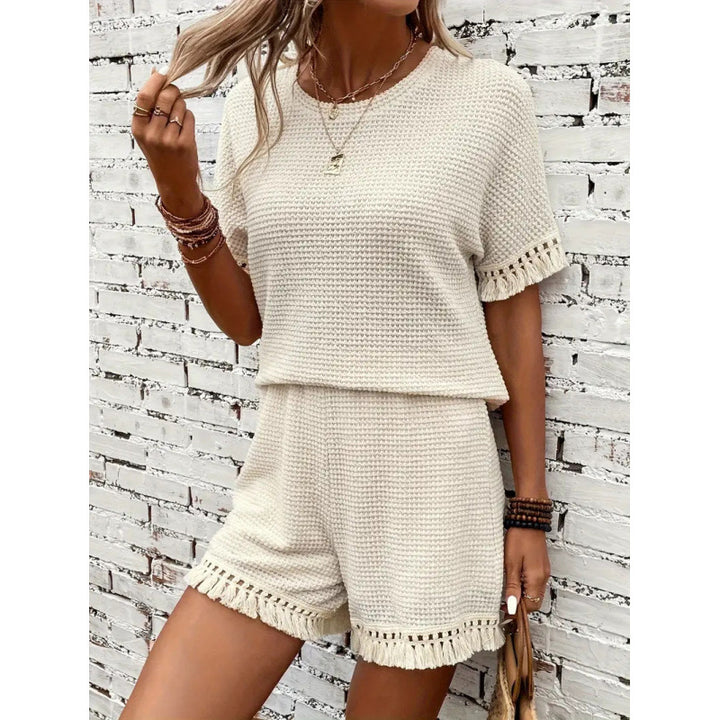Damen Strickshorts und Oberteil Set mit Fransen Drune