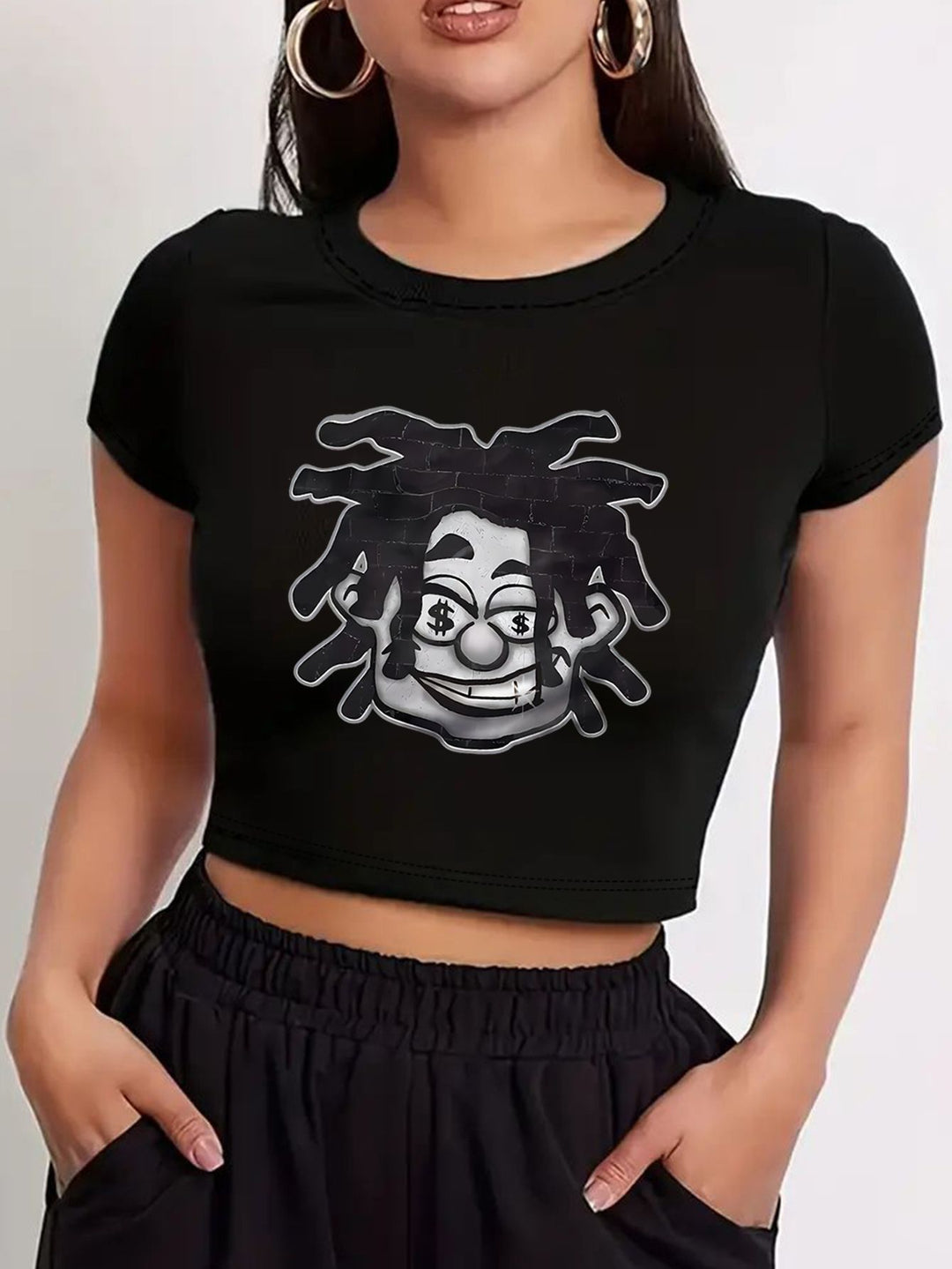 Damen Crop-Top mit kreativem Grafikdesign und modernem Schriftzug Drune