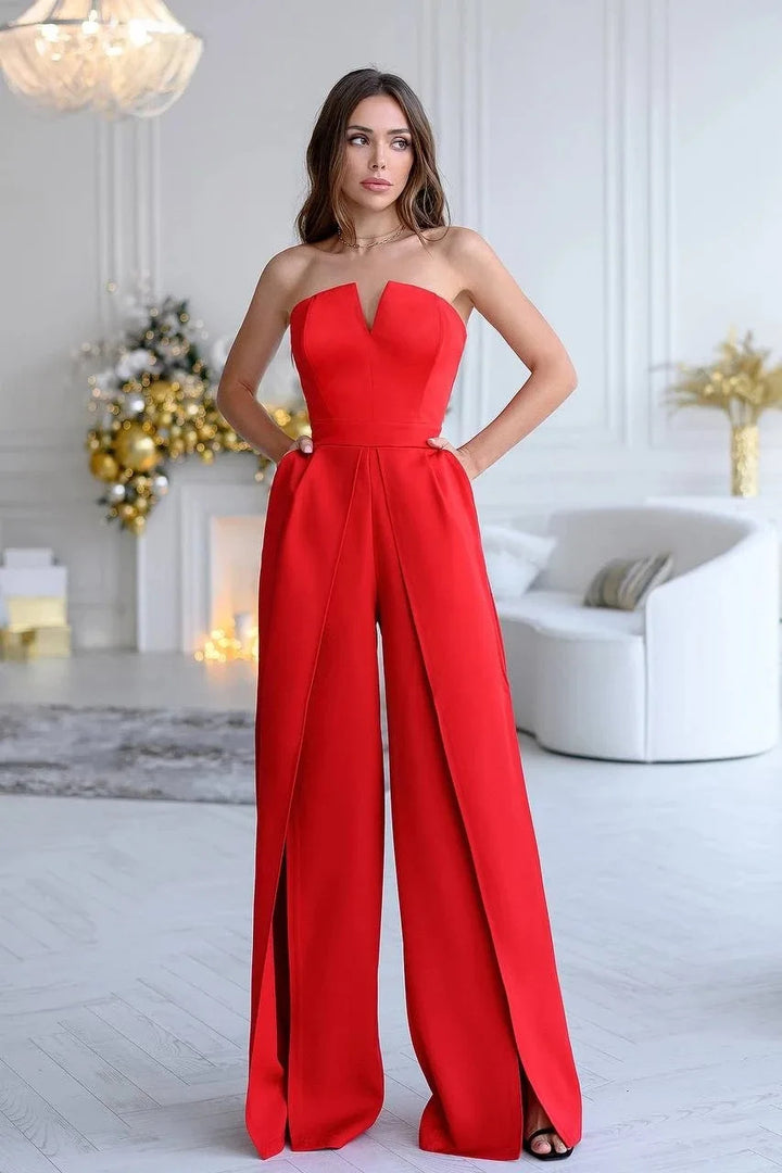 Damen Eleganter Jumpsuit mit tiefem V-Ausschnitt und schwingenden Beinnähten Drune
