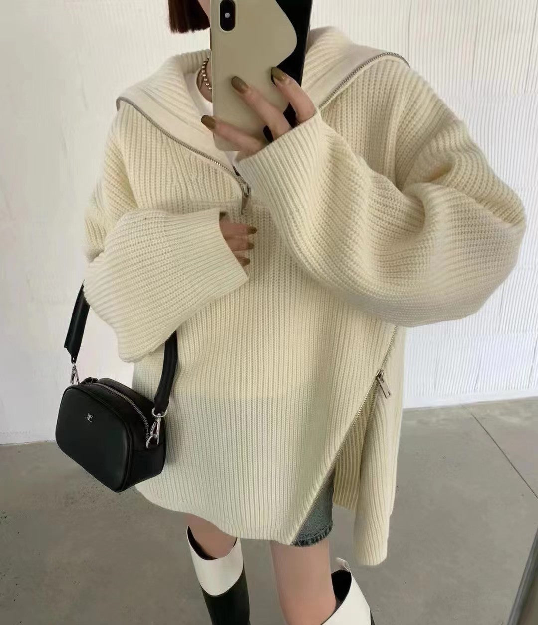 Damen lässiger Strickpullover mit einem hohen Kragen und seitlichem Reißverschluss Drune