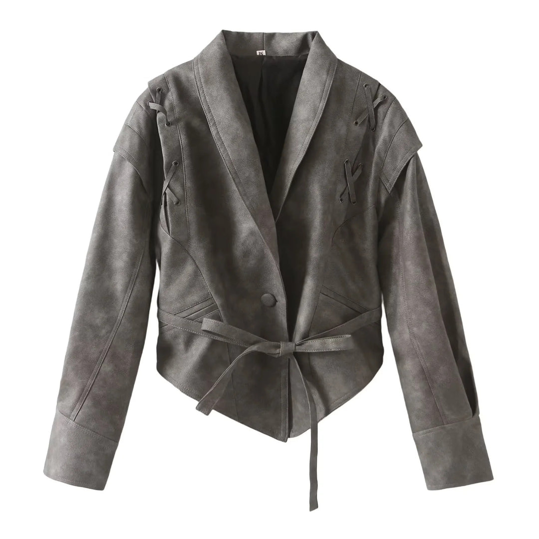 Damen Kunstlederblazer im modernem Design mit praktischem Gürtel Drune