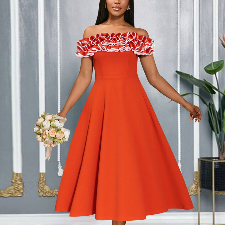 Damen A-Linien Abendkleid mit Off-Shoulder Rüsche Drune