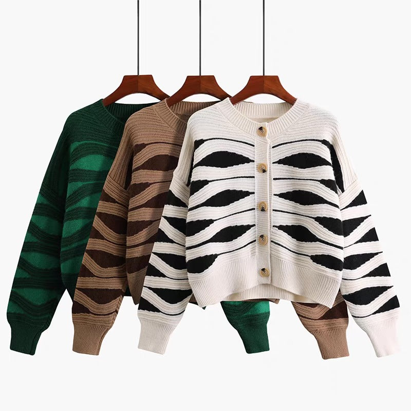 Damen lockerer Strickblazer mit grobem Muster und Knopfverschluss Drune