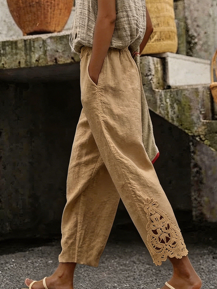 Damen elegante Leinenhose mit Spitzenapplikationen Drune