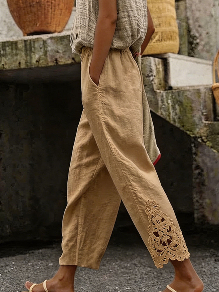 Damen elegante Leinenhose mit Spitzenapplikationen Drune