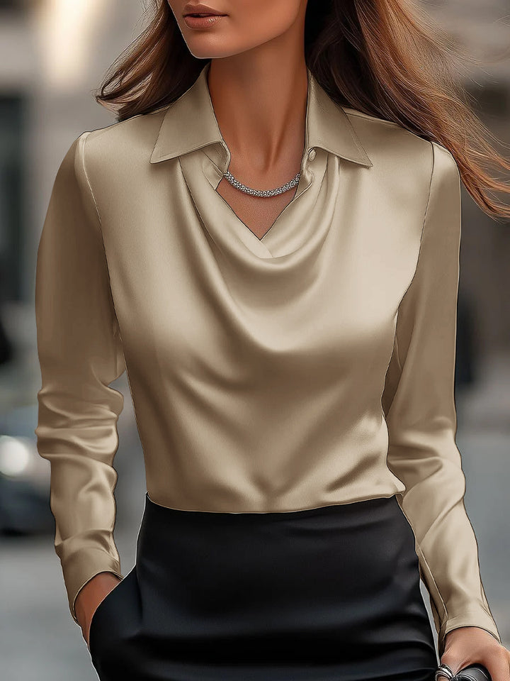 Damen Seidene Bluse mit schickem Wasserfall-Ausschnitt und lange Ärmel Drune