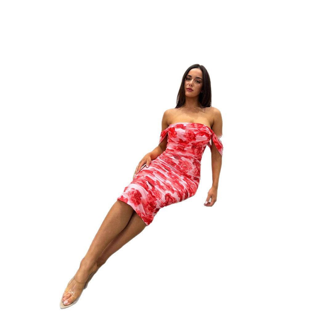 Damen Figurbetontes Midikleid mit schulterfreiem Design und floralem Print Drune