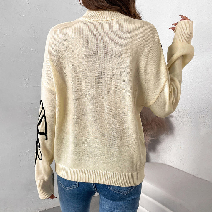 Damen Strickpullover mit floralem Design und hohem Kragen Drune