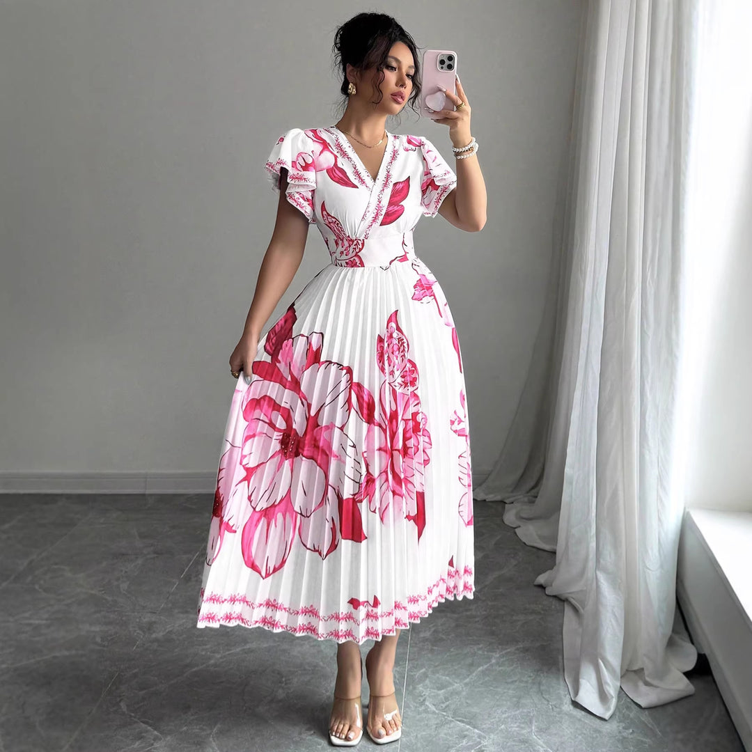 Damen Plissiertes Maxi-Jersey-Kleid mit floralen Akzenten und V-Ausschnitt Drune