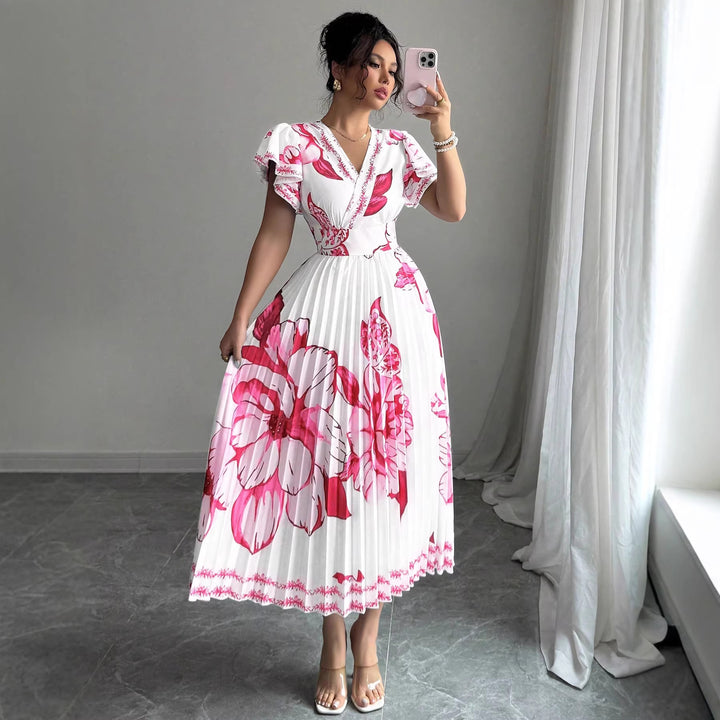 Damen Plissiertes Maxi-Jersey-Kleid mit floralen Akzenten und V-Ausschnitt Drune