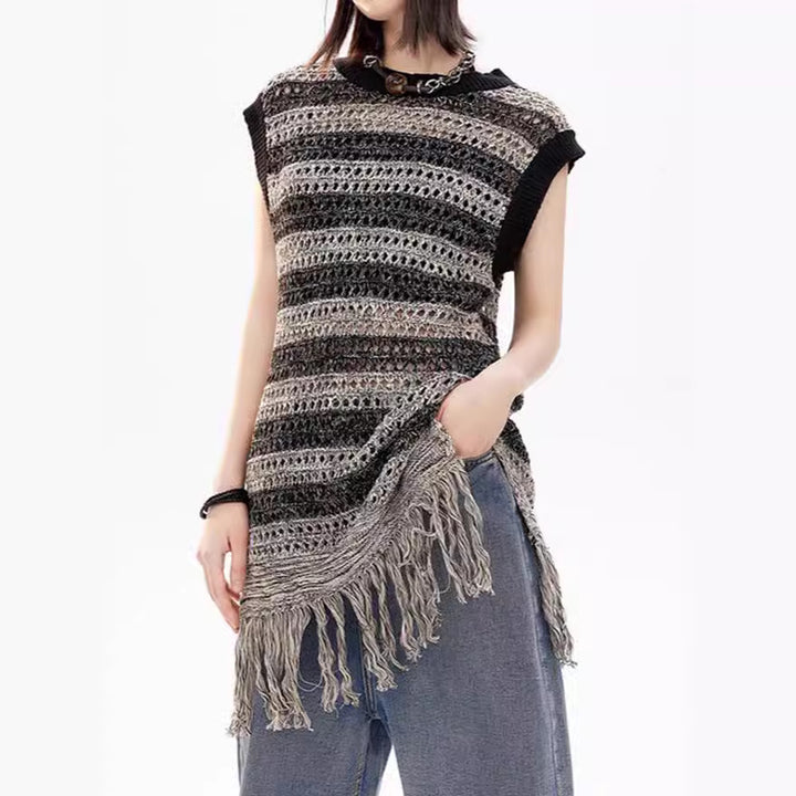 Damen lässiges Stricktop mit Fransen und Lochmuster Drune