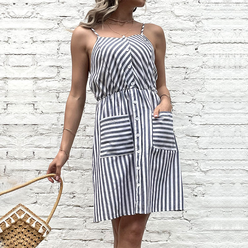 Damen lässiges Strandkleid mit Knopfverschluss und praktischen Taschen Drune