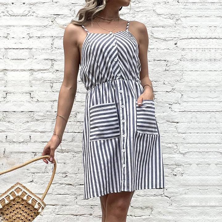 Damen lässiges Strandkleid mit Knopfverschluss und praktischen Taschen Drune