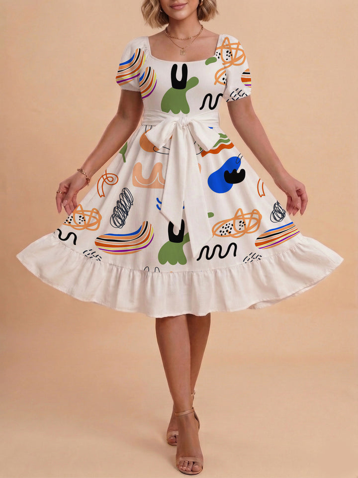 Damen Sommerkleid mit floralem Puffärmel und taillierbarem Gürtel Drune