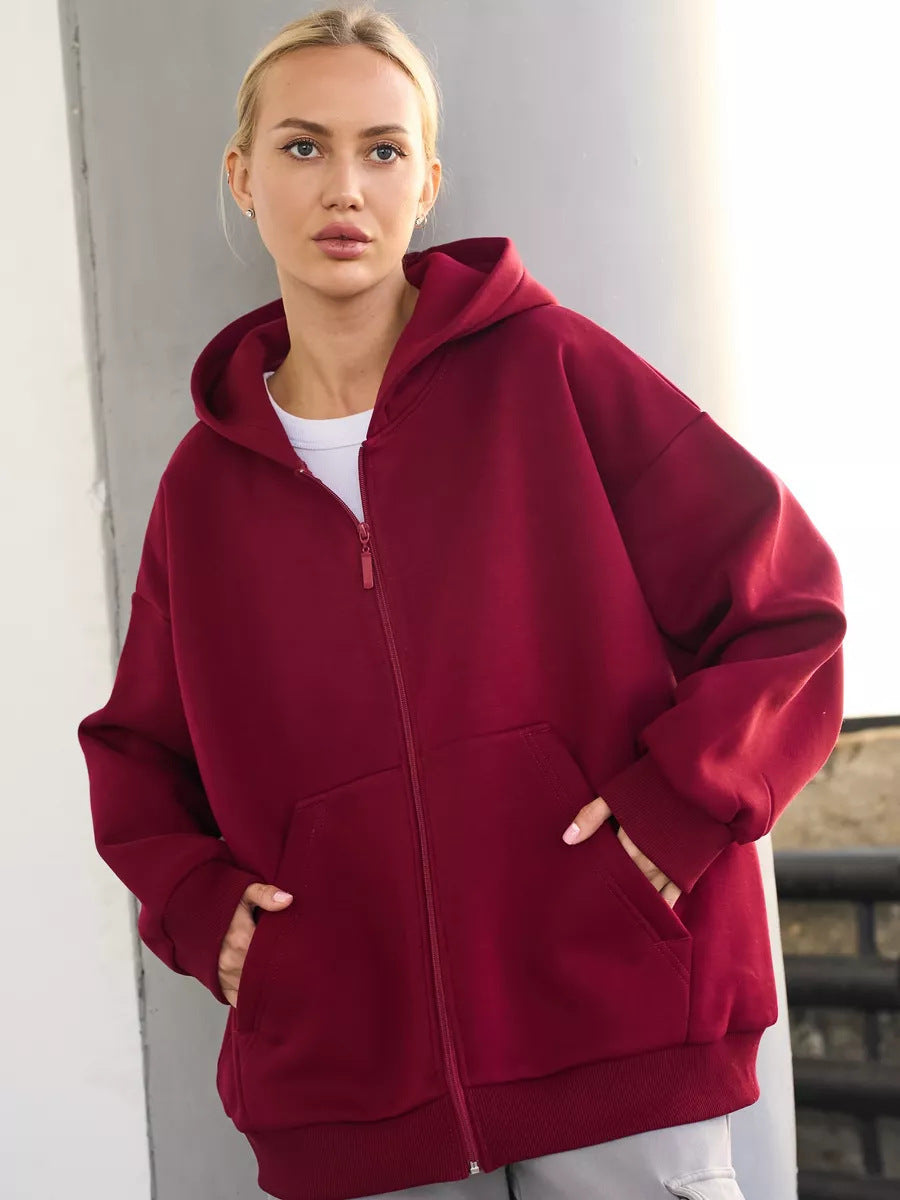 Damen weiche Zip-Hoodie-Jacke mit Kängurutaschen Drune