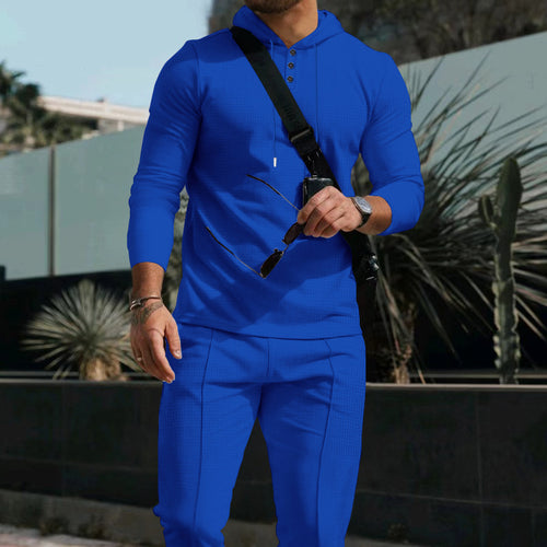 Herren nan figurnahes Kapuzen-Knopfleisten-Set aus strukturiertem Stretchjersey mit schmaler Chino-Jogger Drune