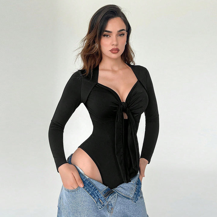 Damen Eleganter Bodysuit mit Knoten-Detail und tiefem V-Ausschnitt Drune