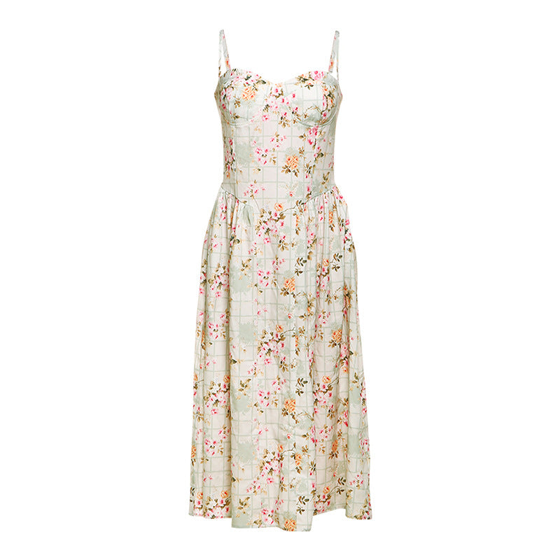 Damen Blumendesign Midi-Kleid mit Spaghettiträgern und fließendem Rock Drune