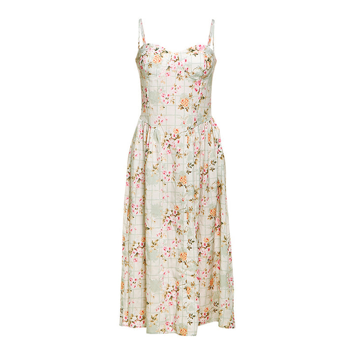 Damen Blumendesign Midi-Kleid mit Spaghettiträgern und fließendem Rock Drune