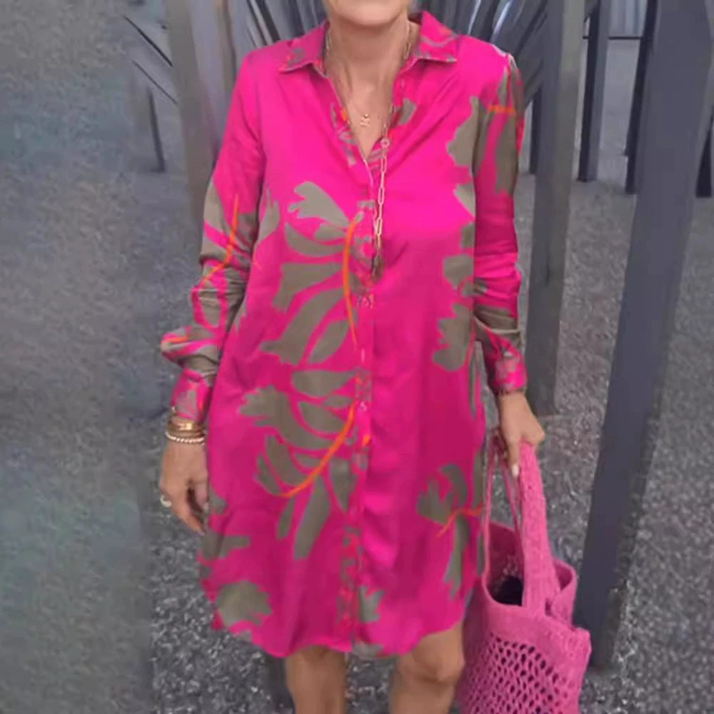 Damen nan kurzes Tunika-Hemdkleid in Satinoptik mit großflächigem Blattprint, Hemdkragen und lockerer A-Linie Drune