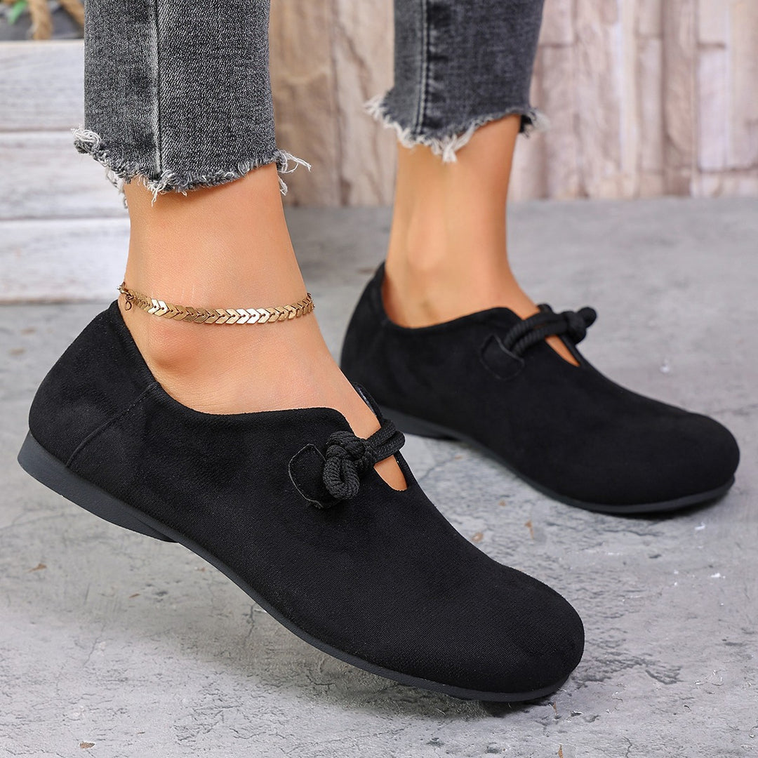 Damen  komfortable Slipper aus Veloursoptik mit dekorativem Knotenriegel und weich gepolstertem Fußbett Drune