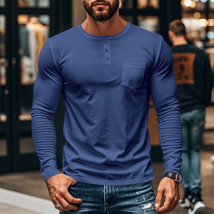 Herren nan figurbetontes Henley-Langarmshirt mit Brusttasche und feinem Stretchjersey Drune
