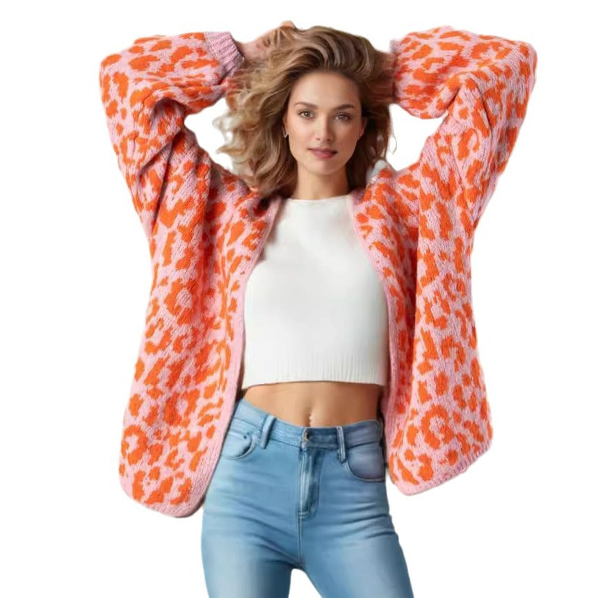 Damen grob gestrickter Cardigan mit stilvollem Leopardenmuster und bequemen Oversize-Details Drune