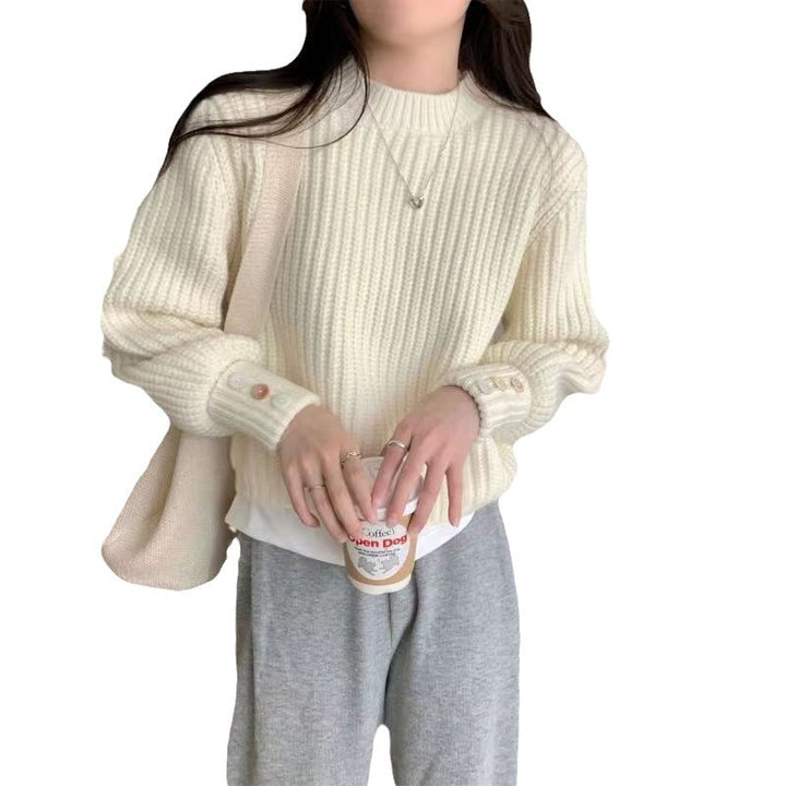 Damen Grobstrickpullover mit Rundhalsausschnitt und dekorativen Knöpfen Drune