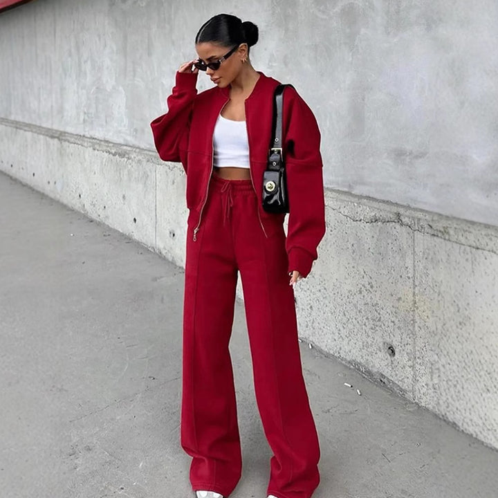 Damen nan Oversize Reißverschlussjacke mit weiter High-Waist Loungehose Set Drune