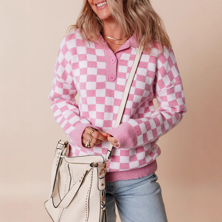 Damen gemütlicher Sweatpullover mit Karomuster und Knopfdetail Drune