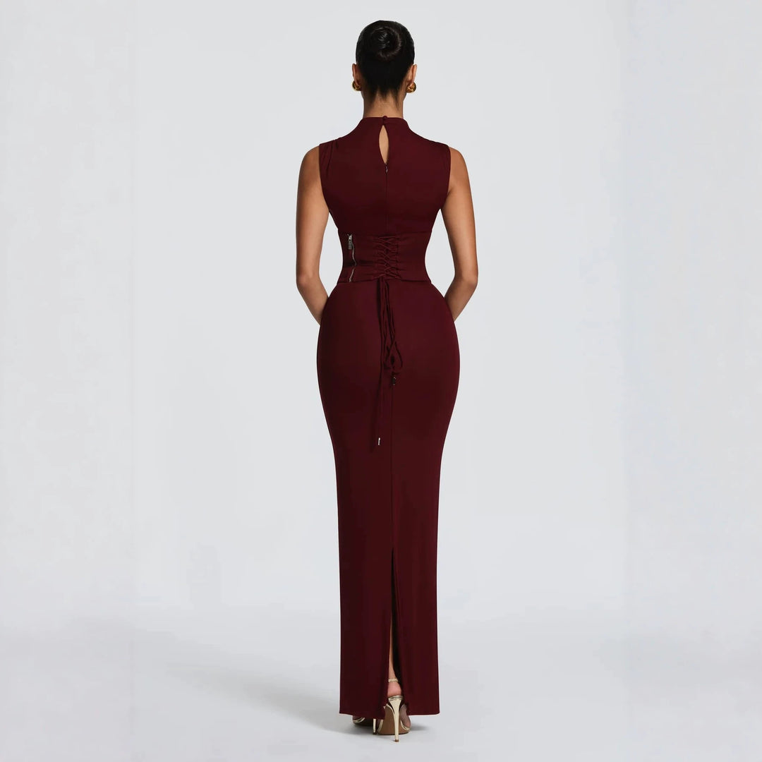 Damen Elegantes langes Kleid mit hohem Kragen und figurbetonter Silhouette Drune