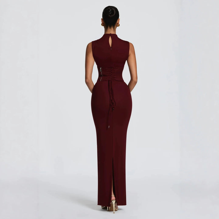 Damen Elegantes langes Kleid mit hohem Kragen und figurbetonter Silhouette Drune