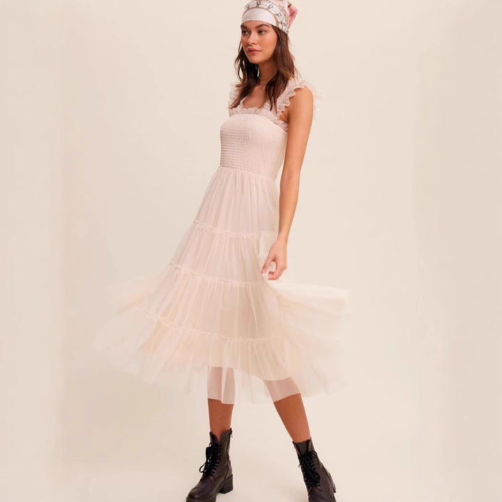 Damen romantisches Maxikleid mit Rüschendetails Drune