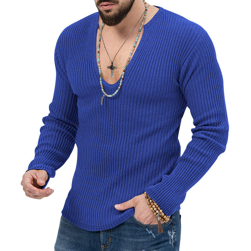 Herren Langarm-Rippenpullover mit tiefem V-Ausschnitt und modernem Schnitt Drune