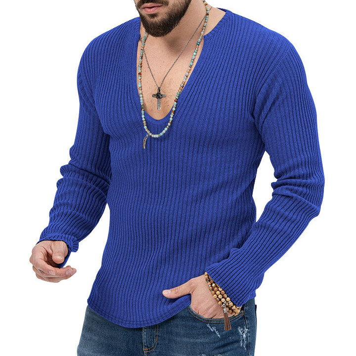 Herren Langarm-Rippenpullover mit tiefem V-Ausschnitt und modernem Schnitt Drune