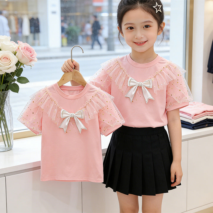 Mädchen T-Shirt mit Rüschendetails und transparenten Puffärmeln Drune