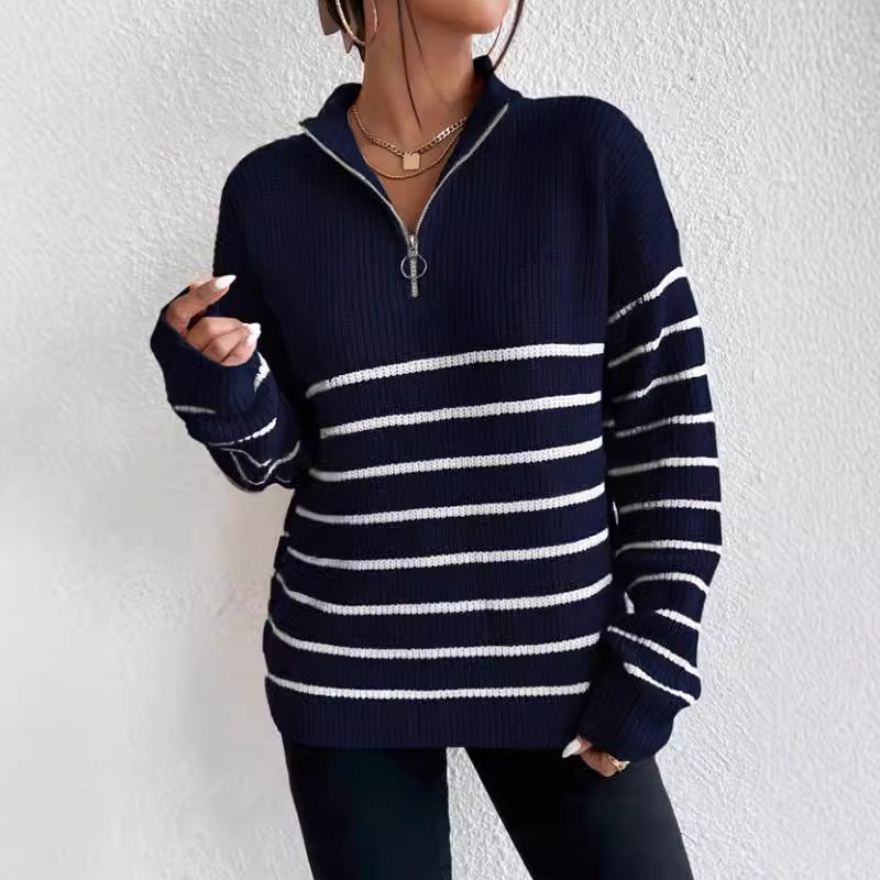 Damen Grob gestrickter Pullover mit Reißverschluss und breitem Streifenmuster Drune