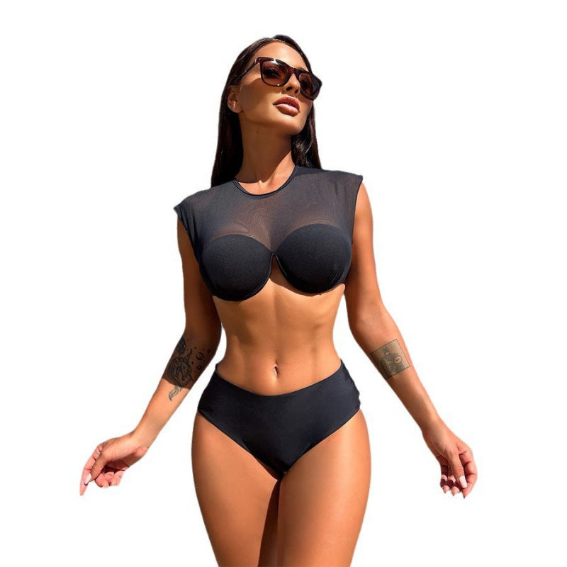 Damen Sport-Bikini-Oberteil mit transparenten Ärmeln und hochgeschnittenem Unterteil Drune