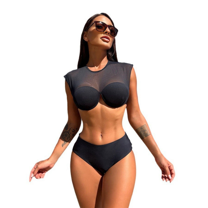 Damen Sport-Bikini-Oberteil mit transparenten Ärmeln und hochgeschnittenem Unterteil Drune