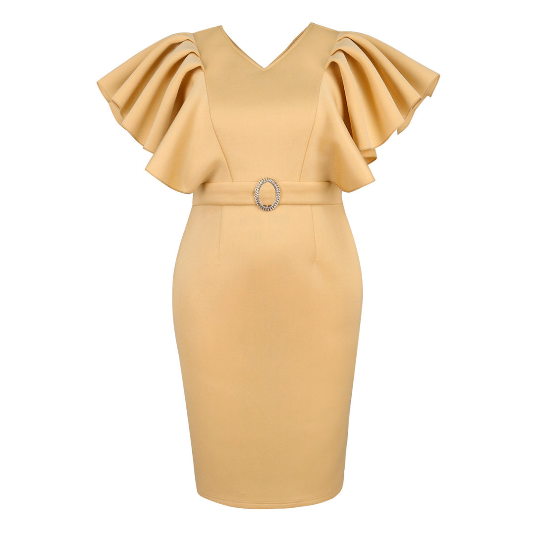 Damen figurbetontes Kleid mit voluminösen Rüschenärmeln und Taillengürtel Drune
