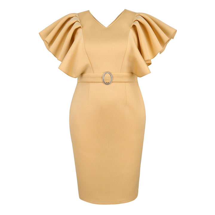 Damen figurbetontes Kleid mit voluminösen Rüschenärmeln und Taillengürtel Drune