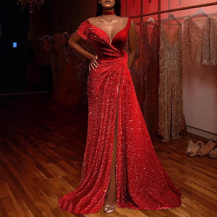 Damen Glamouröses Abendkleid mit schimmernden Pailletten und hohem Schlitz Drune