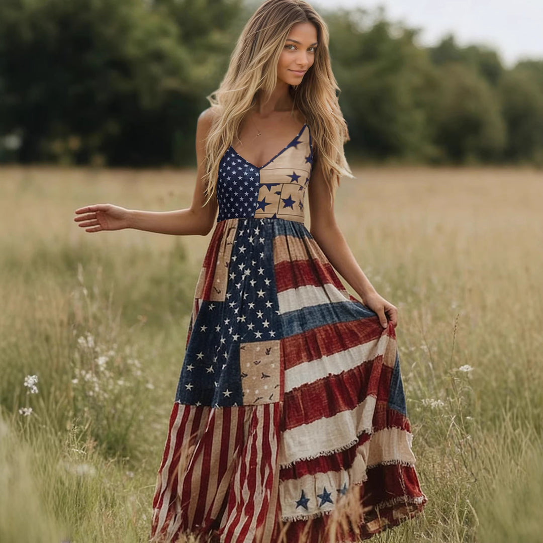 Damen Lange Sommerkleid mit buntem Patchwork-Design und V-Ausschnitt Drune