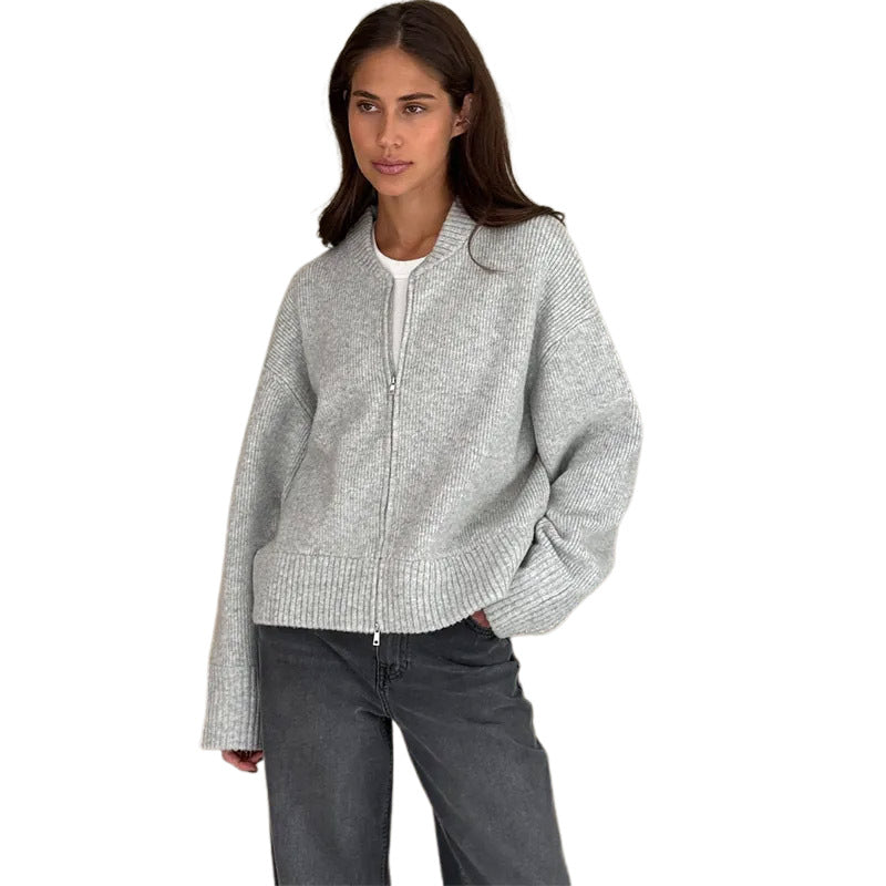 Damen lässige Strickjacke mit hohem Kragen und Reißverschluss Drune