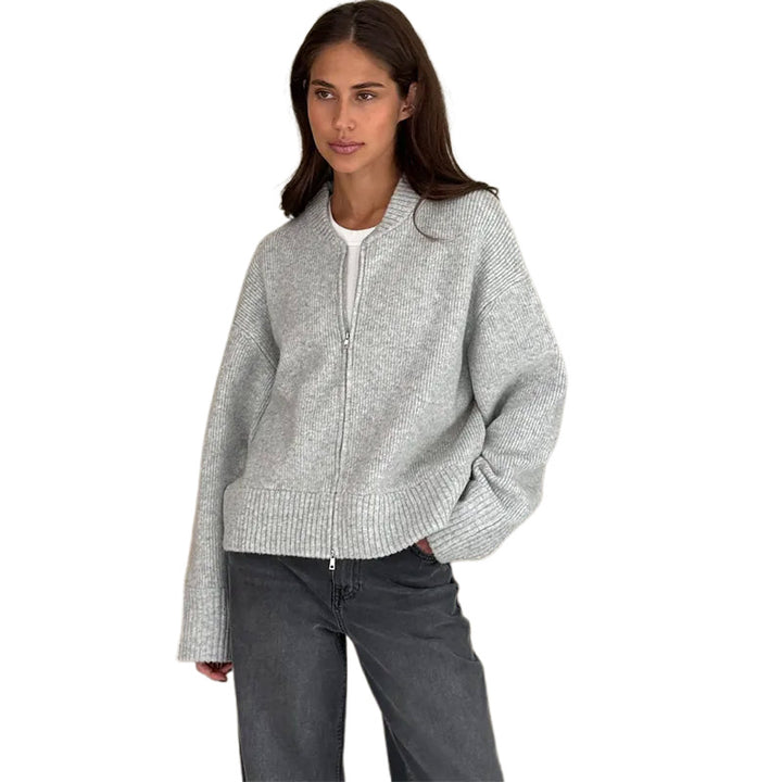 Damen lässige Strickjacke mit hohem Kragen und Reißverschluss Drune
