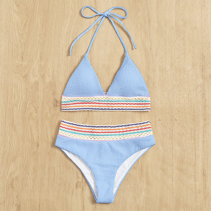 Damen Triangel-Bikini mit hoch geschnittenem Unterteil und buntem Wickelband Drune